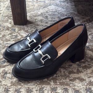 Adrienne Vittadini Black Leather Loafer Heels with Silver Accent